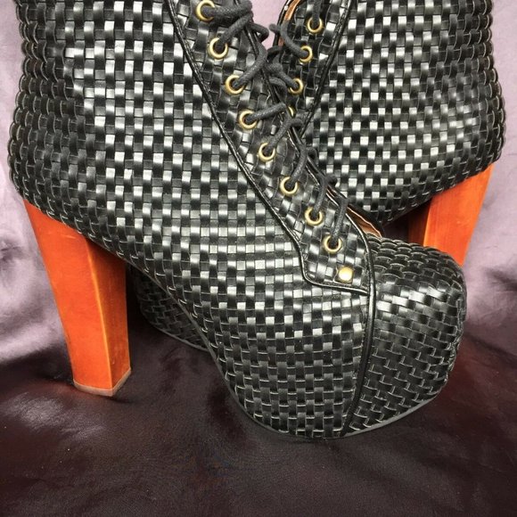 Jeffrey Campbell $254 Retail Black Woven Lita Platform Fashion Boots Vintage BLK - Picture 2 of 4